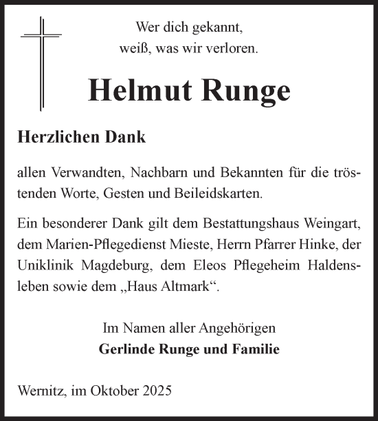 Traueranzeige von Helmut Runge von Volksstimme Altmark West