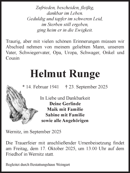 Traueranzeige von Helmut Runge von Volksstimme Altmark West