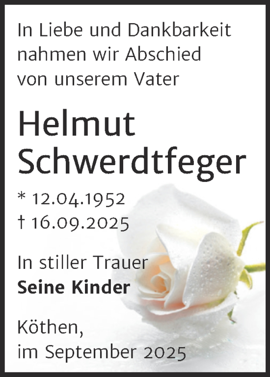 Traueranzeige von Helmut Schwerdtfeger von Trauerkombi Köthen