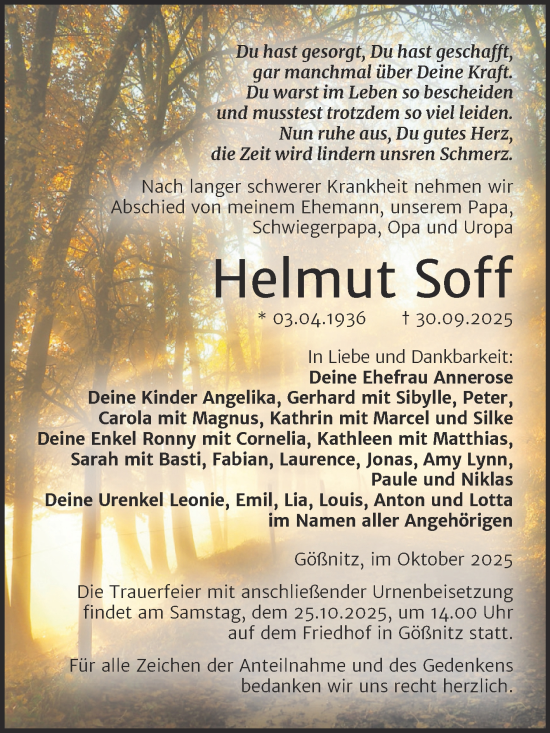 Traueranzeige von Helmut Soff von Super Sonntag Naumburg/Nebra
