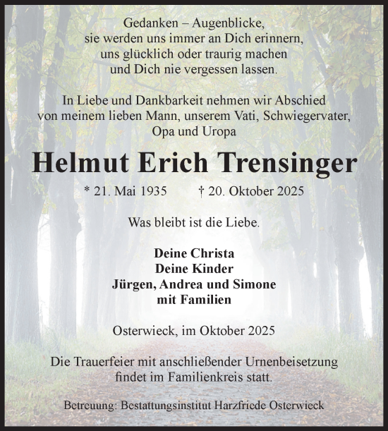 Traueranzeige von Helmut Erich Trensinger von Volksstimme Halberstadt