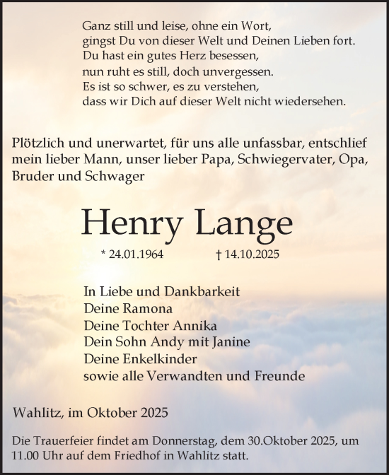 Traueranzeige von Henry Lange von Volksstimme Burg/Genthin