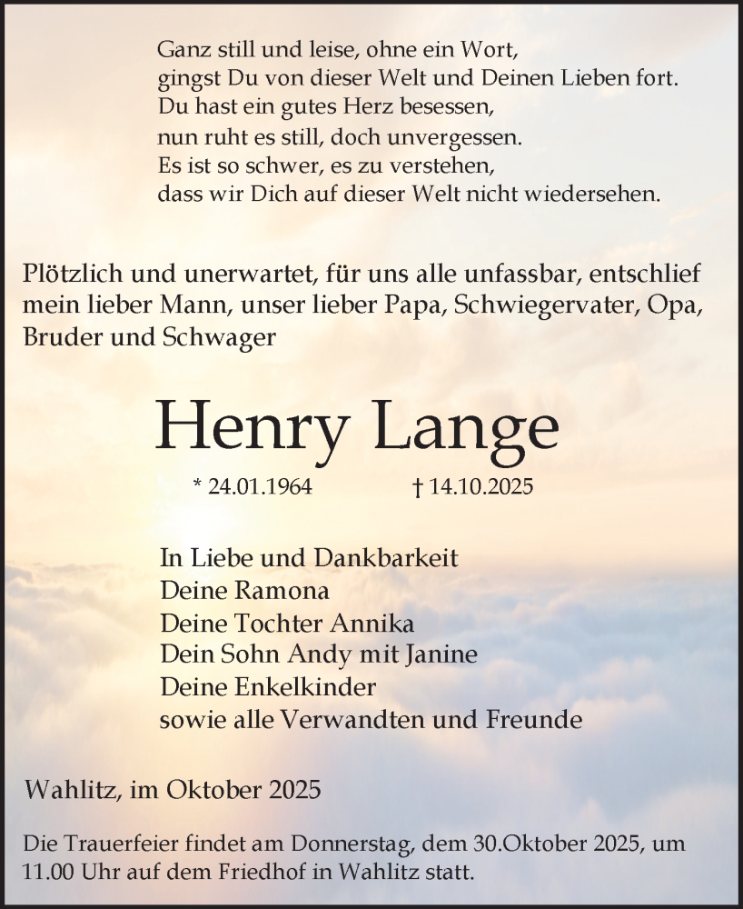  Traueranzeige für Henry Lange vom 18.10.2025 aus Volksstimme Burg/Genthin