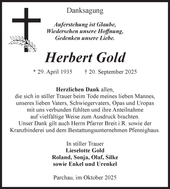 Traueranzeige von Herbert Gold von Volksstimme Burg/Genthin
