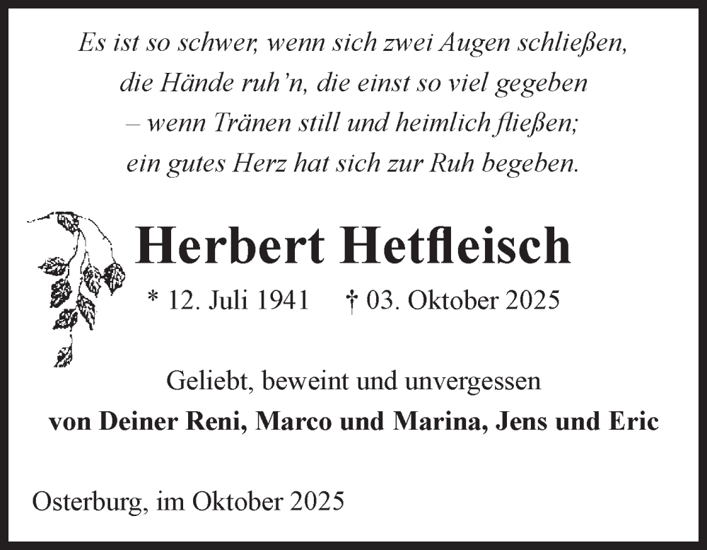  Traueranzeige für Herbert Hetfleisch vom 18.10.2025 aus Volksstimme Altmark Ost