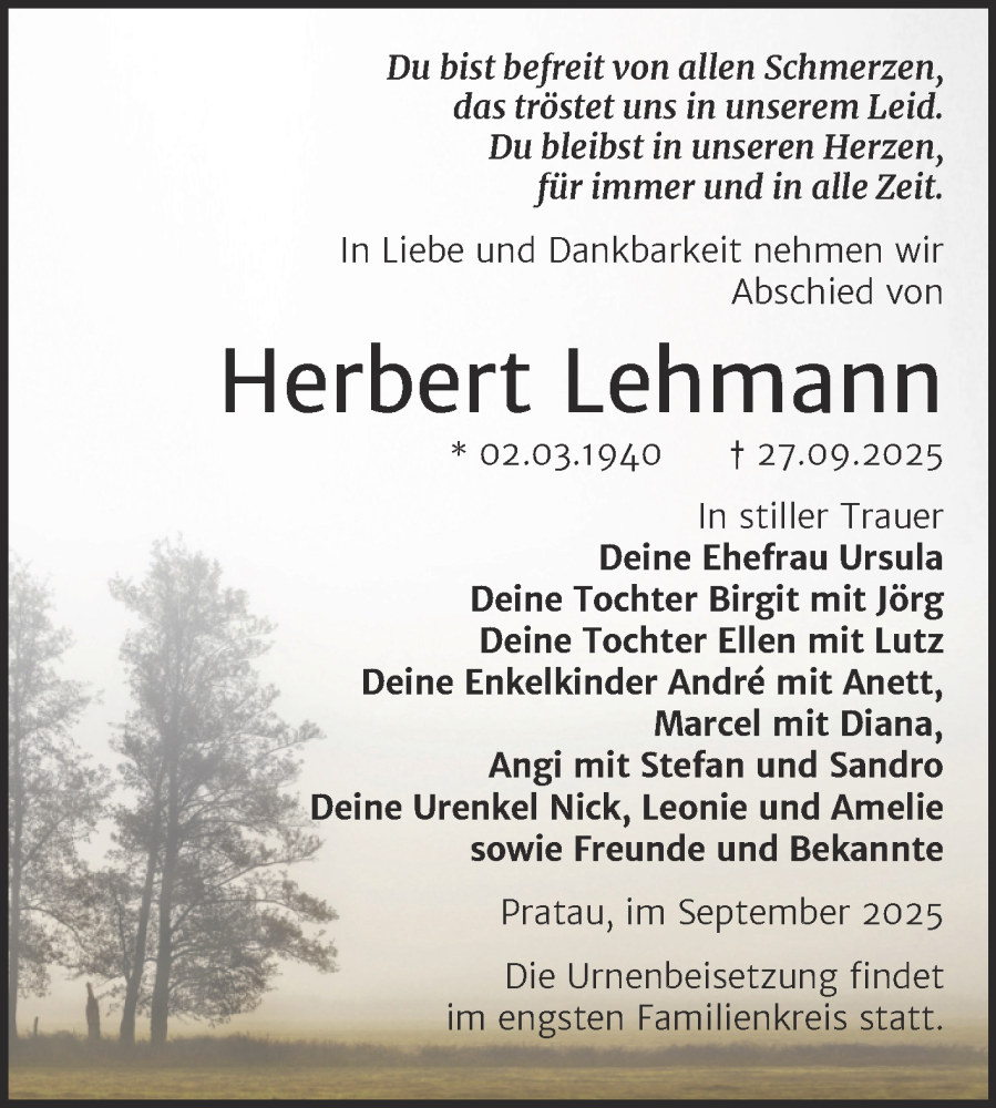  Traueranzeige für Herbert Lehmann vom 11.10.2025 aus Trauerkombi Wittenberg
