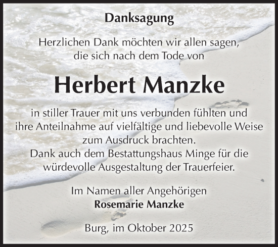 Traueranzeige von Herbert Manzke von Volksstimme Burg/Genthin