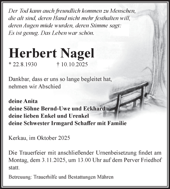 Traueranzeige von Herbert Nagel von Volksstimme Altmark West
