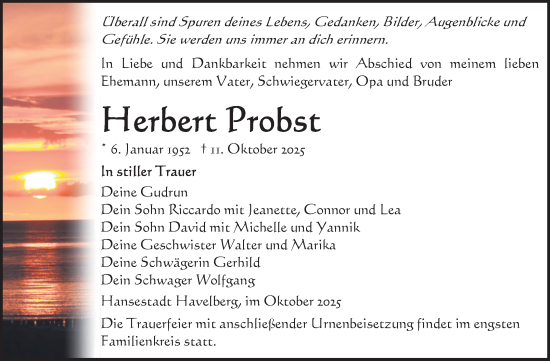Traueranzeige von Herbert Probst von Volksstimme Altmark Ost