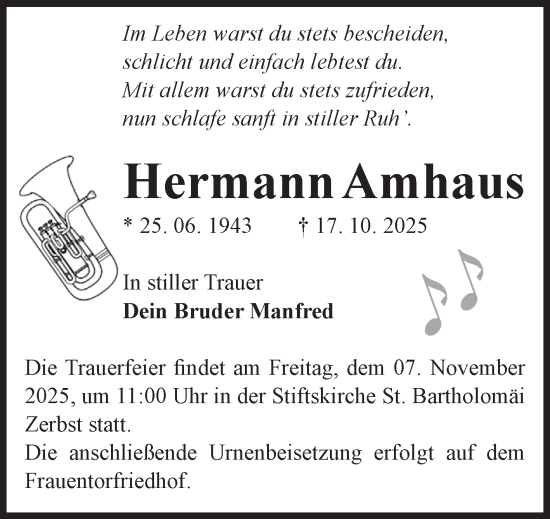 Traueranzeige von Hermann Amhaus von Volksstimme Zerbst