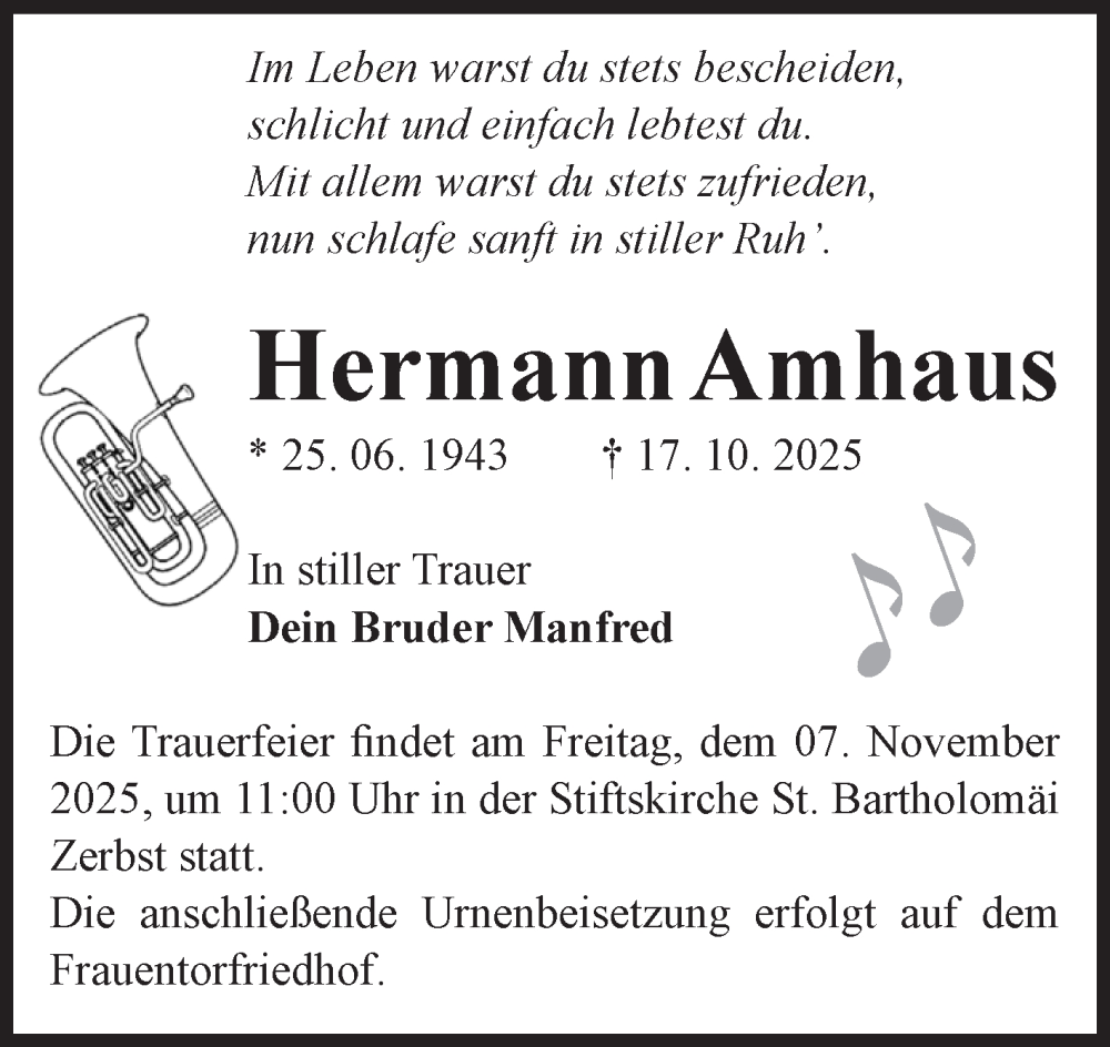  Traueranzeige für Hermann Amhaus vom 25.10.2025 aus Volksstimme Zerbst