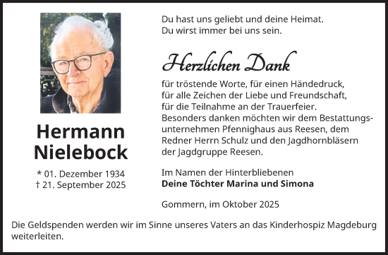 Traueranzeige von Hermann Nielebock von Volksstimme Burg/Genthin