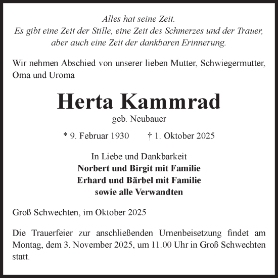 Traueranzeige von Herta Kammrad von Volksstimme Altmark Ost