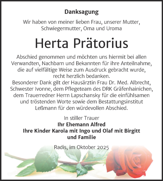 Traueranzeige von Herta Prätorius von Trauerkombi Wittenberg