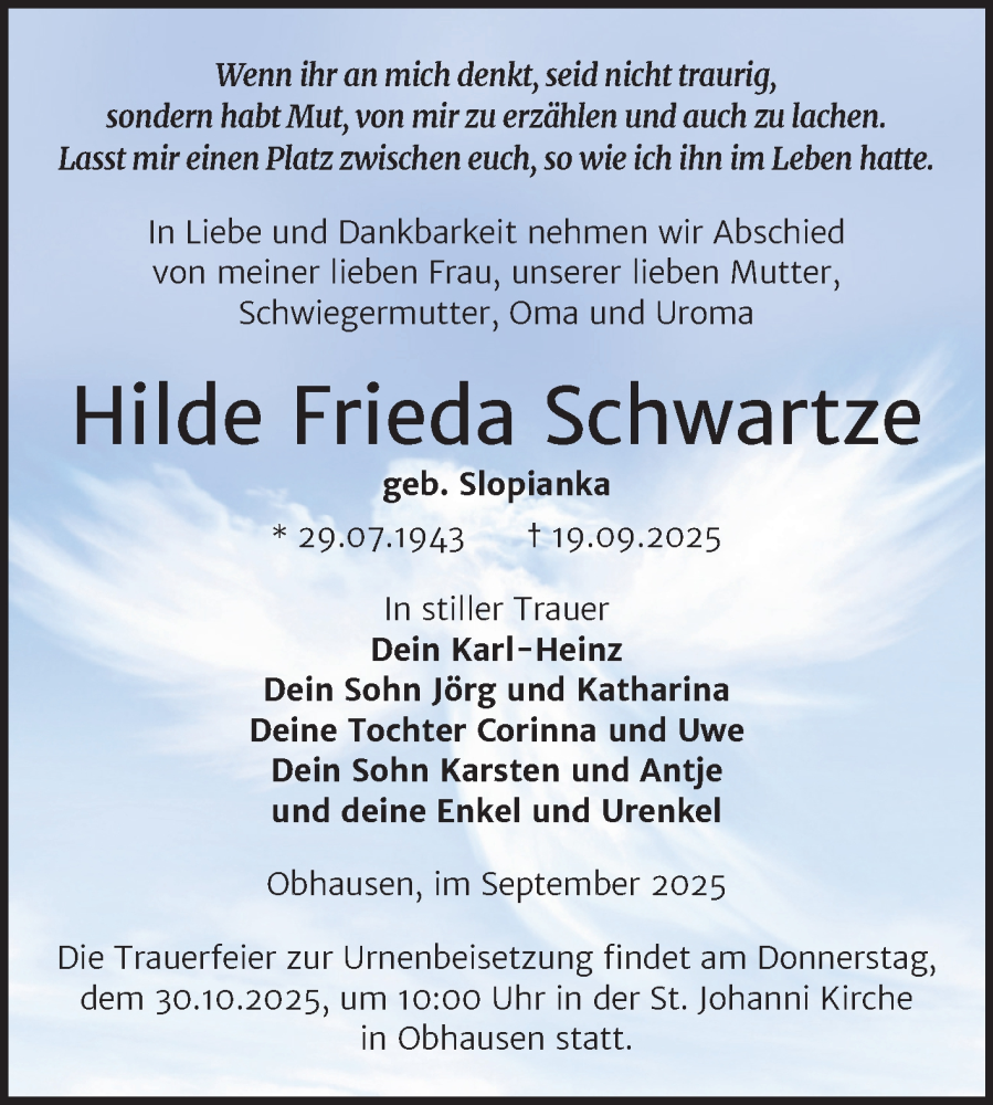  Traueranzeige für Hilde Frieda Schwartze vom 18.10.2025 aus Trauerkombi Merseburg