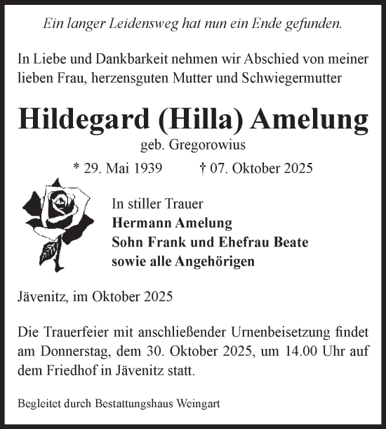Traueranzeige von Hildegard Amelung von Volksstimme Altmark Ost