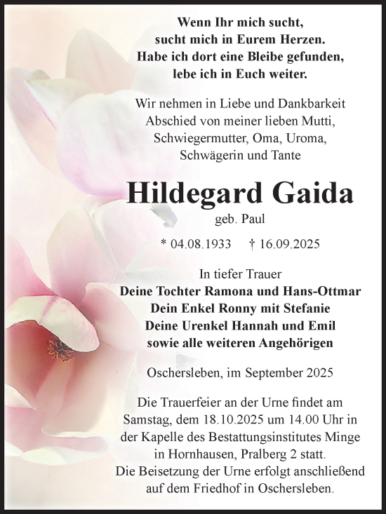 Traueranzeige von Hildegard Gaida von Volksstimme Oschersleben/Wanzleben