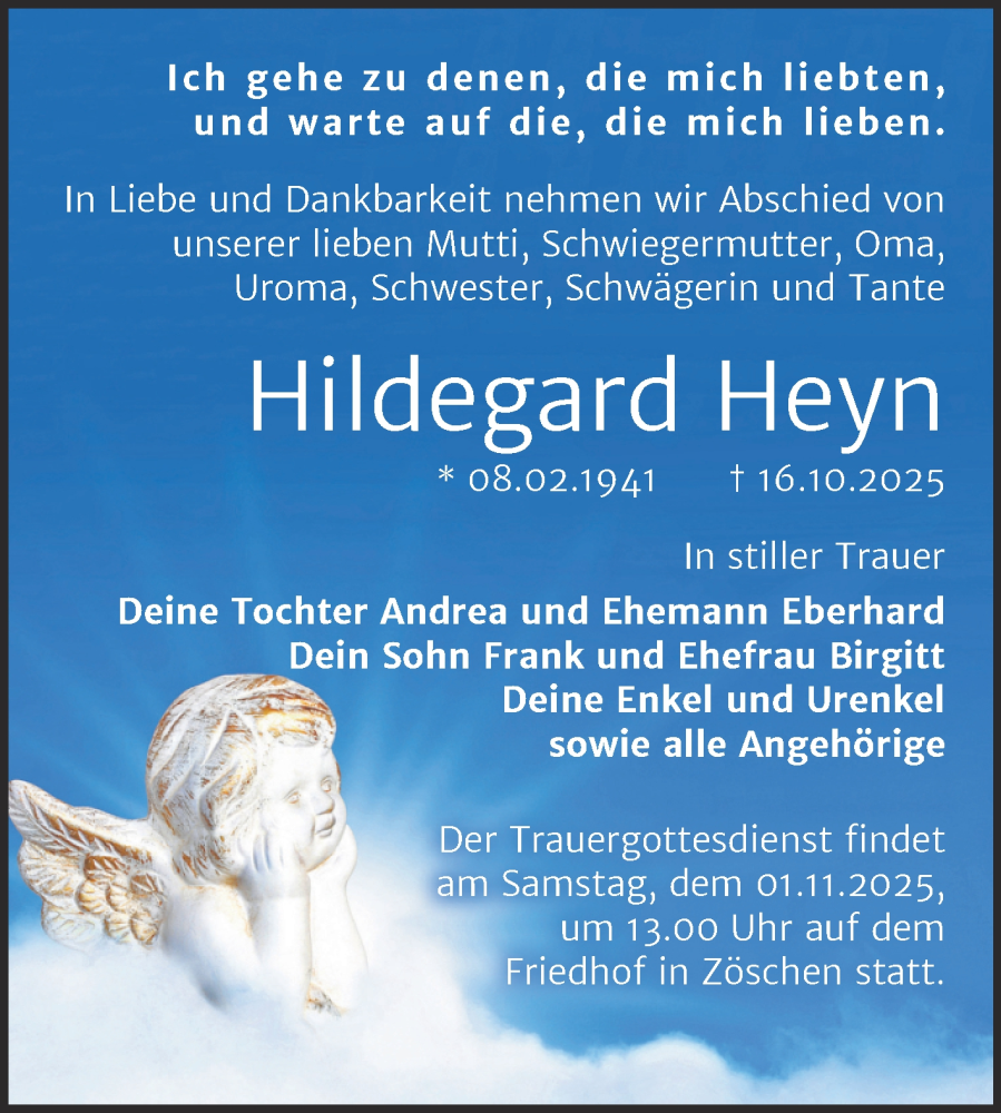  Traueranzeige für Hildegard Heyn vom 25.10.2025 aus Trauerkombi Merseburg
