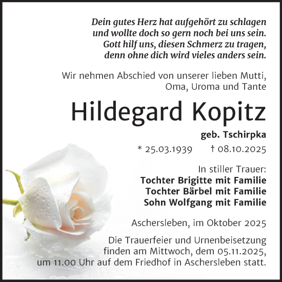 Traueranzeige von Hildegard Kopitz von Trauerkombi Aschersleben