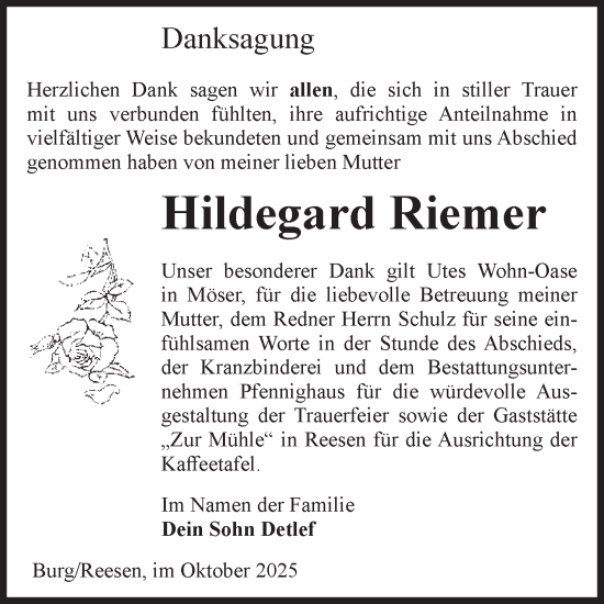 Traueranzeige von Hildegard Riemer von Volksstimme Burg/Genthin