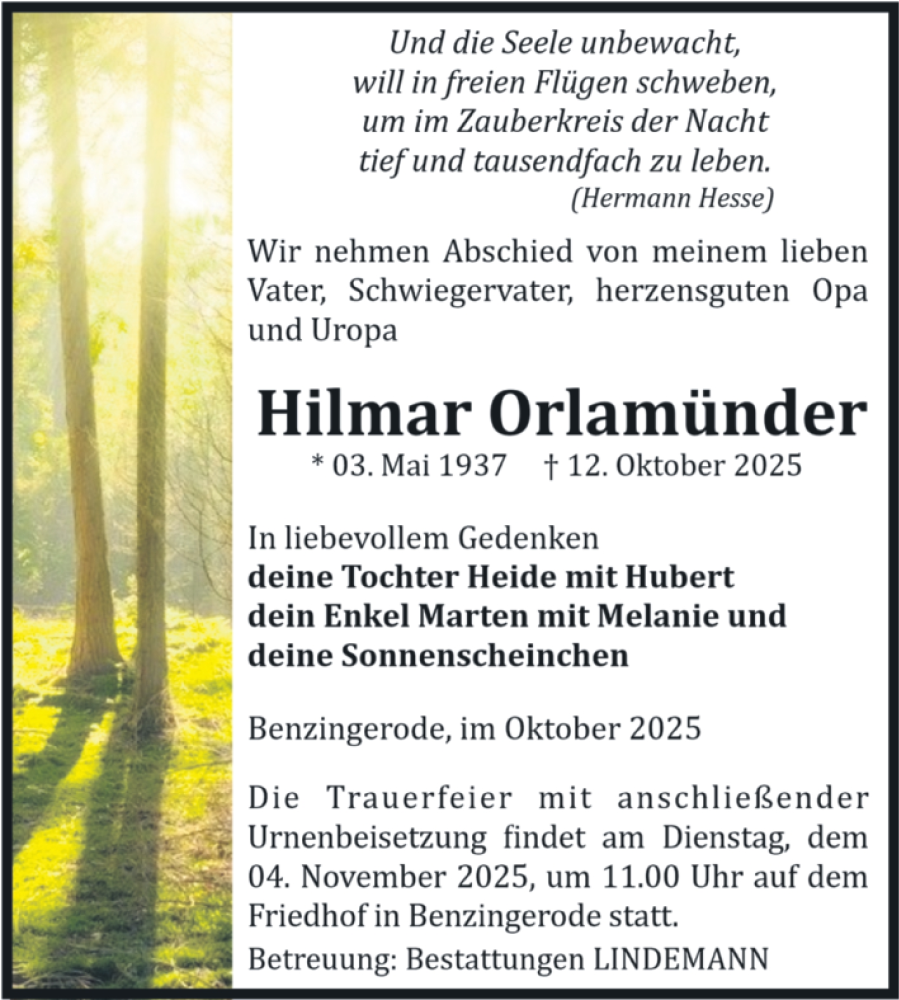  Traueranzeige für Hilmar Orlamünder vom 18.10.2025 aus Mitteldeutsche Zeitung Quedlingburg