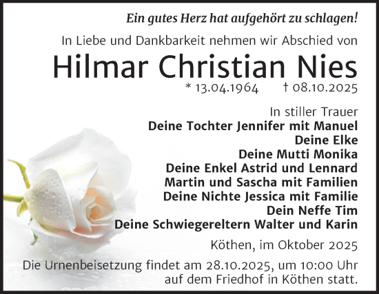 Traueranzeige von Hilmar Christian Nies von Trauerkombi Köthen