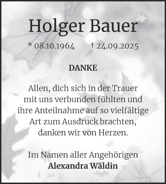 Traueranzeige von Holger Bauer von Mitteldeutsche Zeitung Halle/Saalkreis