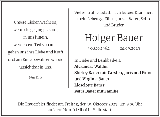 Traueranzeige von Holger Bauer von Mitteldeutsche Zeitung Halle/Saalkreis