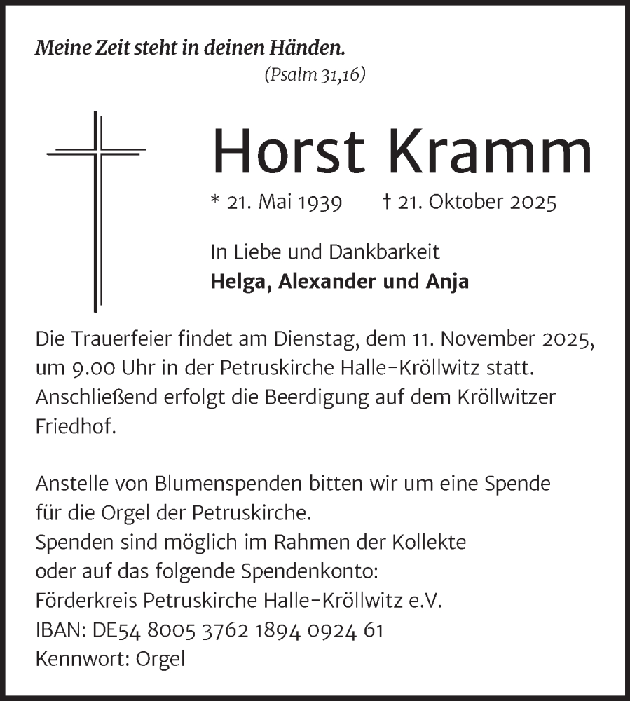  Traueranzeige für Horst Kramm vom 25.10.2025 aus Mitteldeutsche Zeitung Halle/Saalkreis