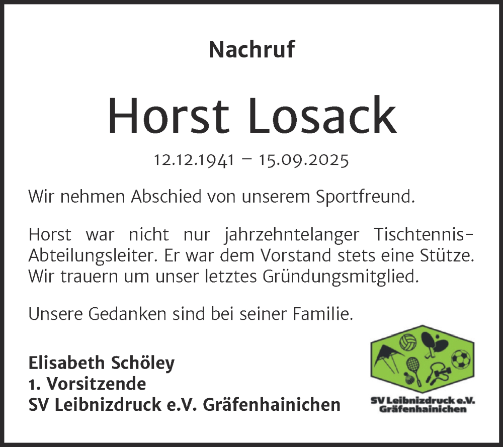  Traueranzeige für Horst Losack vom 18.10.2025 aus Super Sonntag Wittenberg