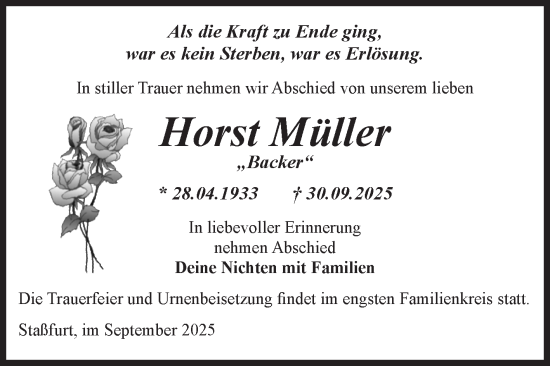 Traueranzeige von Horst Müller von Volksstimme Staßfurt