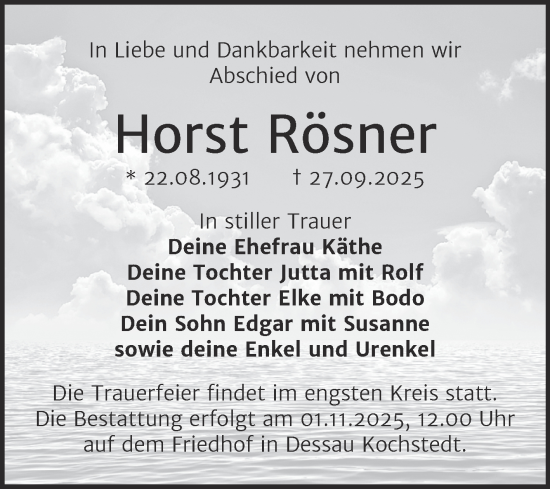Traueranzeige von Horst Rösner von Trauerkombi Dessau