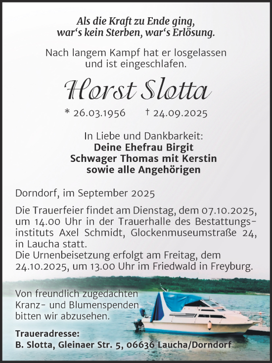 Traueranzeige von Horst Slotta von Super Sonntag Naumburg/Nebra