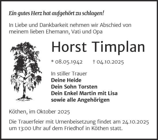 Traueranzeige von Horst Timplan von Trauerkombi Köthen