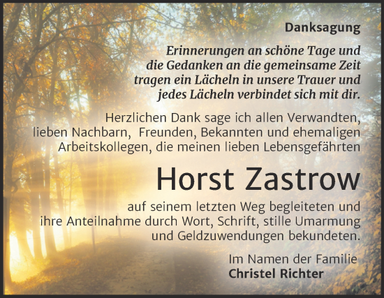 Traueranzeige von Horst Zastrow von Trauerkombi Aschersleben