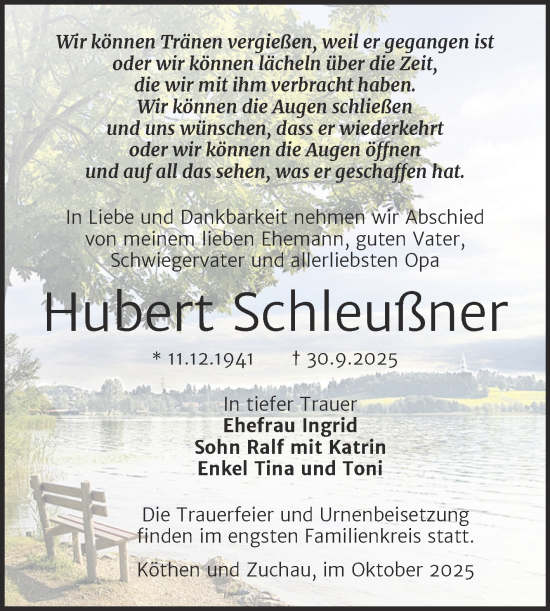 Traueranzeige von Hubert Schleußner von Mitteldeutsche Zeitung Köthen