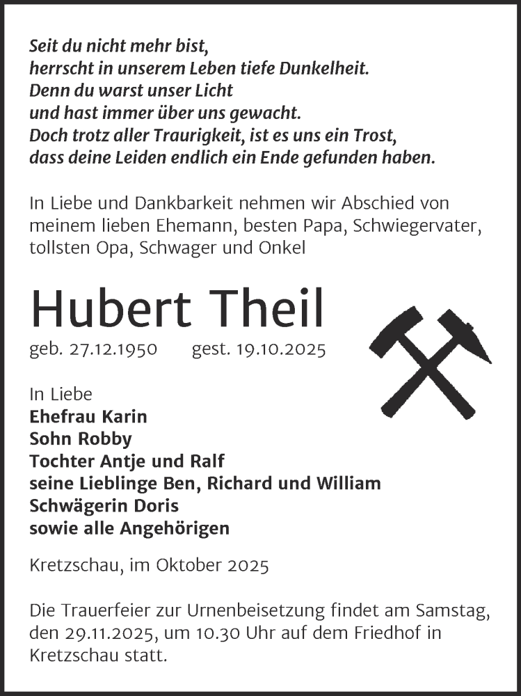  Traueranzeige für Hubert Theil vom 25.10.2025 aus Trauerkombi Zeitz