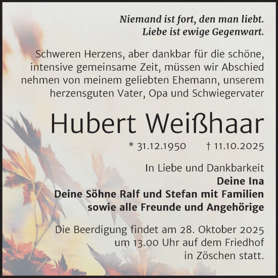 Traueranzeige von Hubert Weißhaar von Trauerkombi Merseburg
