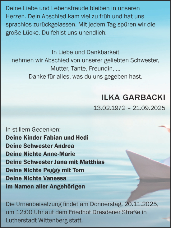 Traueranzeige von Ilka Garbacki von Trauerkombi Wittenberg