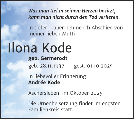 Traueranzeige von Ilona Kode von Trauerkombi Aschersleben