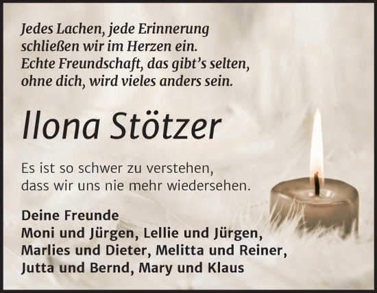 Traueranzeige von Ilona Stötzer von Trauerkombi Wittenberg