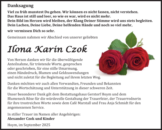 Traueranzeige von Ilona Karin Czok von Trauerkombi Aschersleben