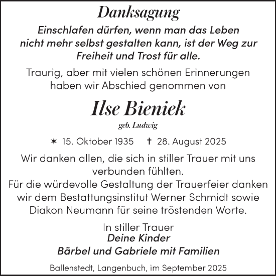 Traueranzeige von Ilse Bieniek von Trauerkombi Quedlinburg