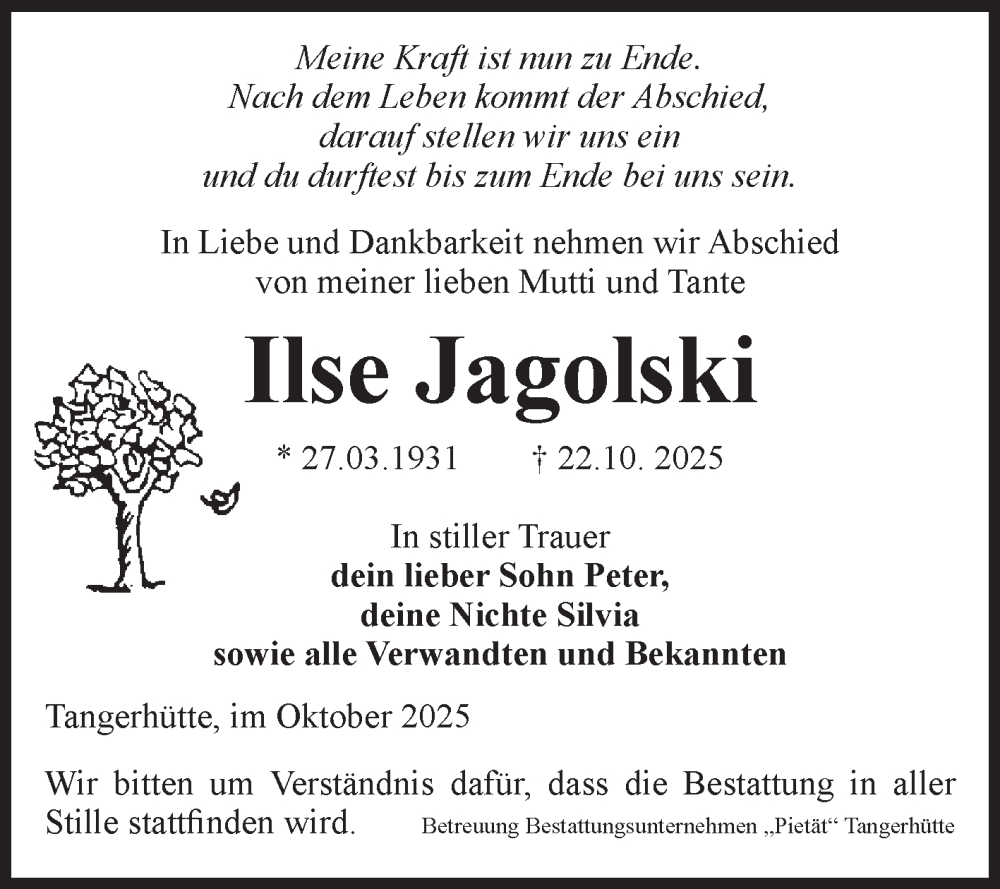  Traueranzeige für Ilse Jagolski vom 25.10.2025 aus Volksstimme Altmark Ost
