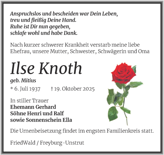 Traueranzeige von Ilse Knoth von Trauerkombi Merseburg