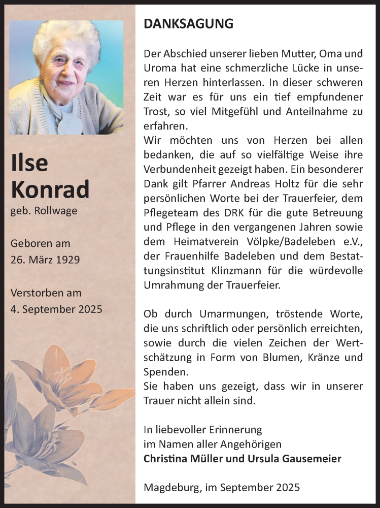  Traueranzeige für Ilse Konrad vom 04.10.2025 aus Volksstimme Oschersleben/Wanzleben