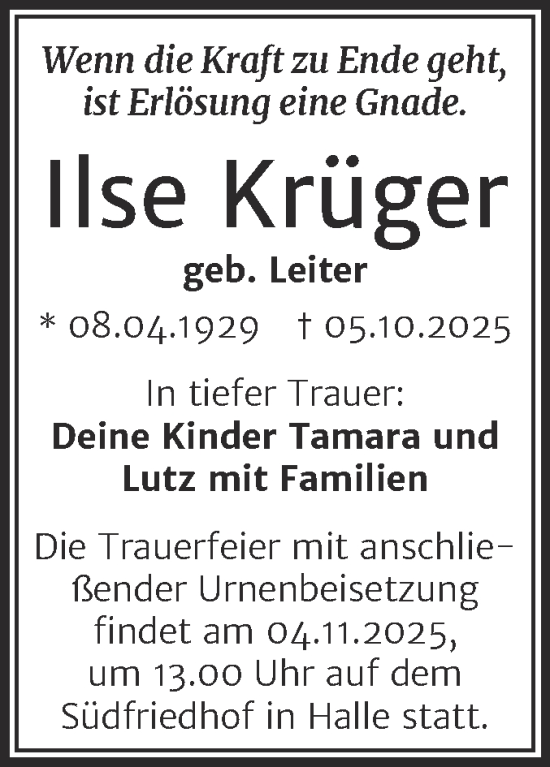 Traueranzeige von Ilse Krüger von Mitteldeutsche Zeitung Halle/Saalkreis