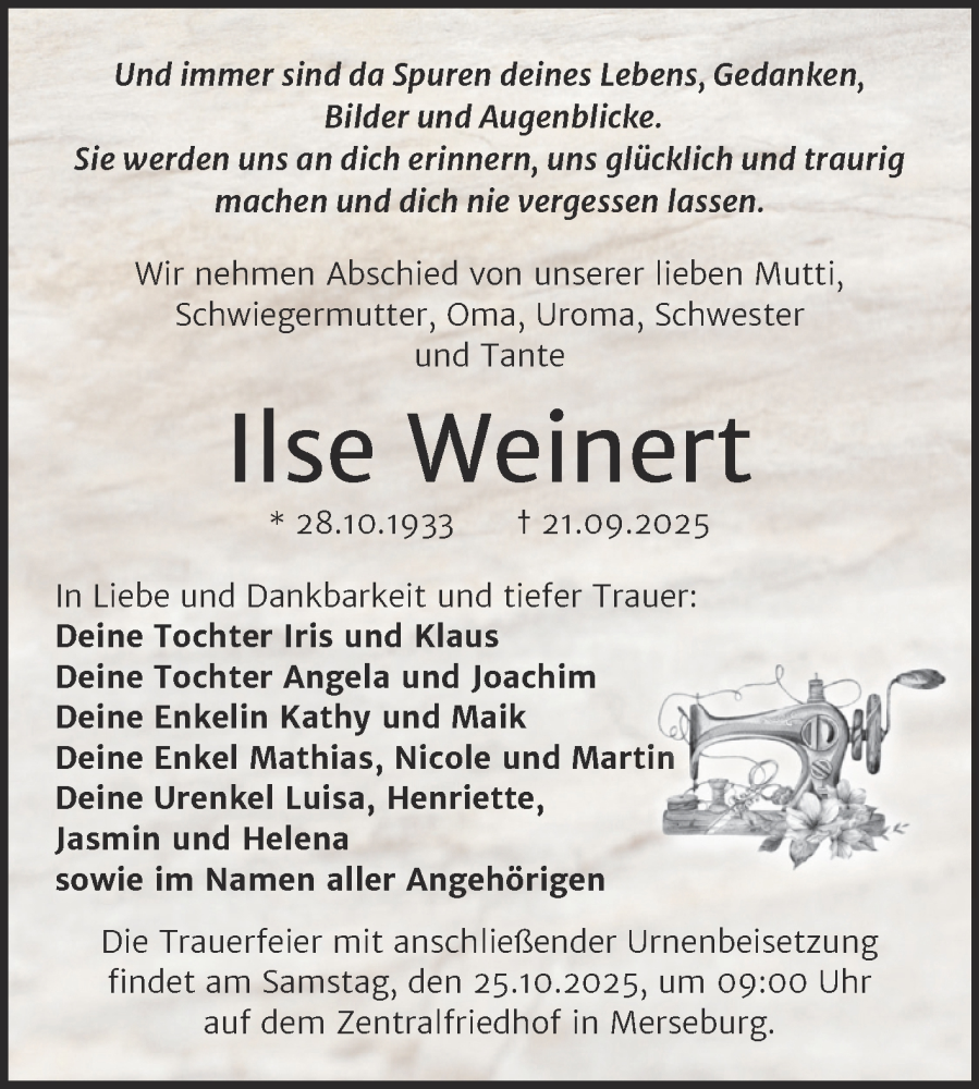  Traueranzeige für Ilse Weinert vom 04.10.2025 aus Trauerkombi Merseburg