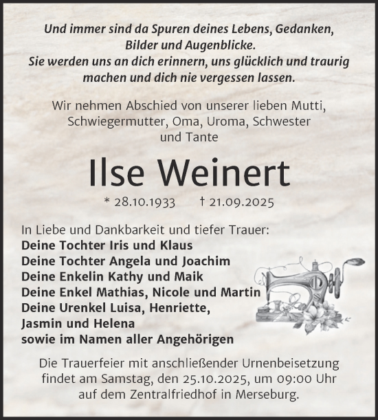 Traueranzeige von Ilse Weinert von Trauerkombi Merseburg