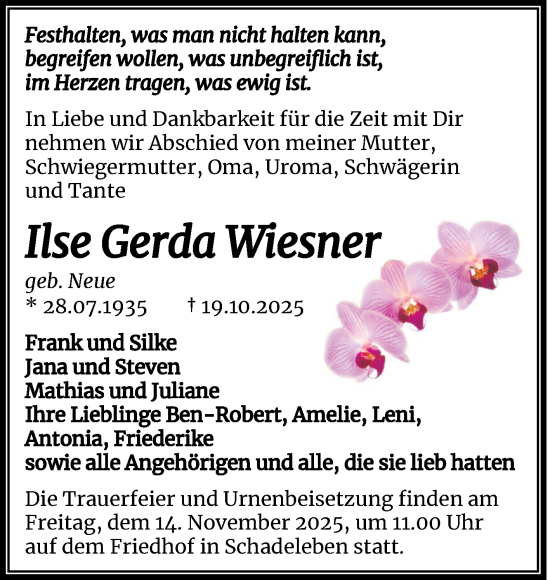 Traueranzeige von Ilse Gerda Wiesner von Trauerkombi Aschersleben